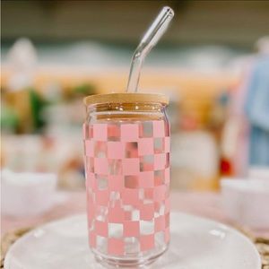 Bubble Gum Checkered Glass Can With Lid and Straw